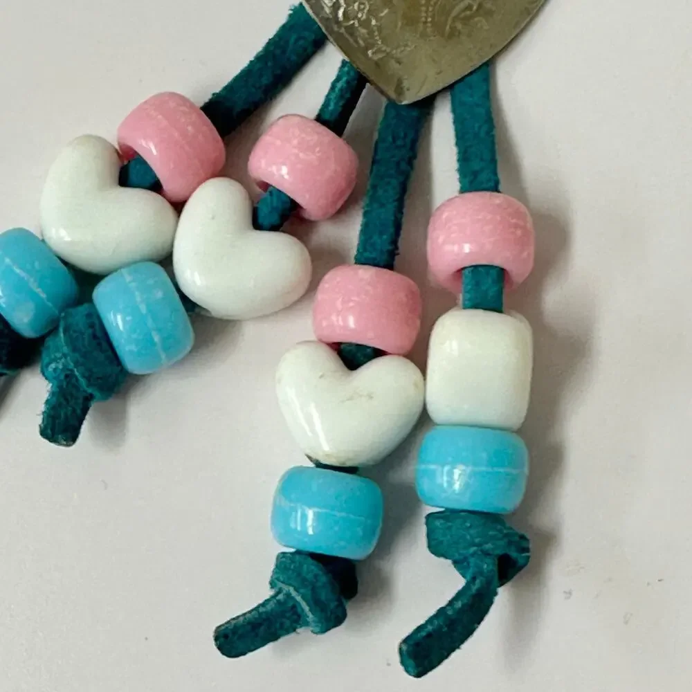 Vintage 90s handmade‎ suede leather and bead macrame Keychain heart concho boho